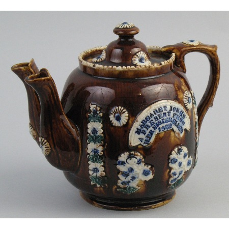 A 19th Century Measham Bargeware two spouted teapot